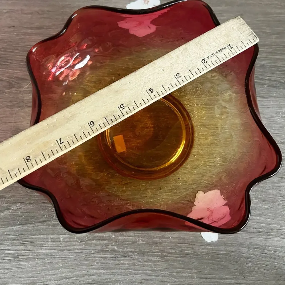 Antique Amberina Rose Amber Thumprint Art Glass Ruffle Edge Serving / Fruit Bowl